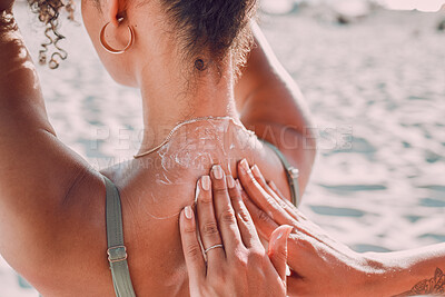 Buy stock photo Friends, women on beach and sunscreen on back, protection from sun on summer vacation to relax and tan. Sea, sand and skincare, woman and friend on holiday with nature, ocean and friendship in Bali. 