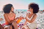 Sunscreen, beach and black woman friends with skincare for summer sunshine, outdoor wellness or holiday on sea sand. Relax, product bottle and hands sunblock young friends or people by ocean together
