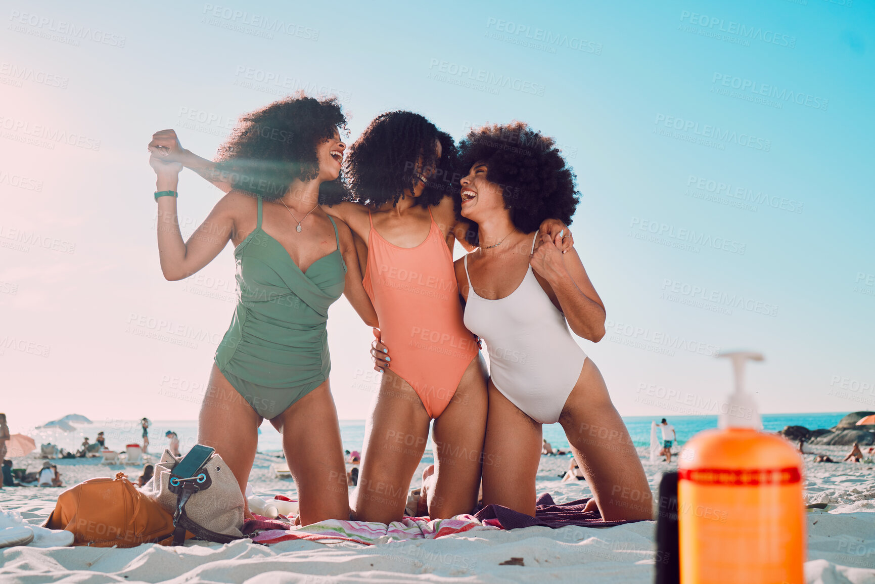 Buy stock photo Beach friends, hug and African women happy on outdoor summer holiday for peace, freedom or friendship bonding. Ocean sand, blue sky and fun bikini girl on vacation adventure in Los Angeles California