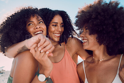 Buy stock photo Black women, relax and friends hug at beach, having fun and bonding. Travel, freedom and group of females embrace outdoors on seashore, smiling or laughing, talking and enjoying quality time together
