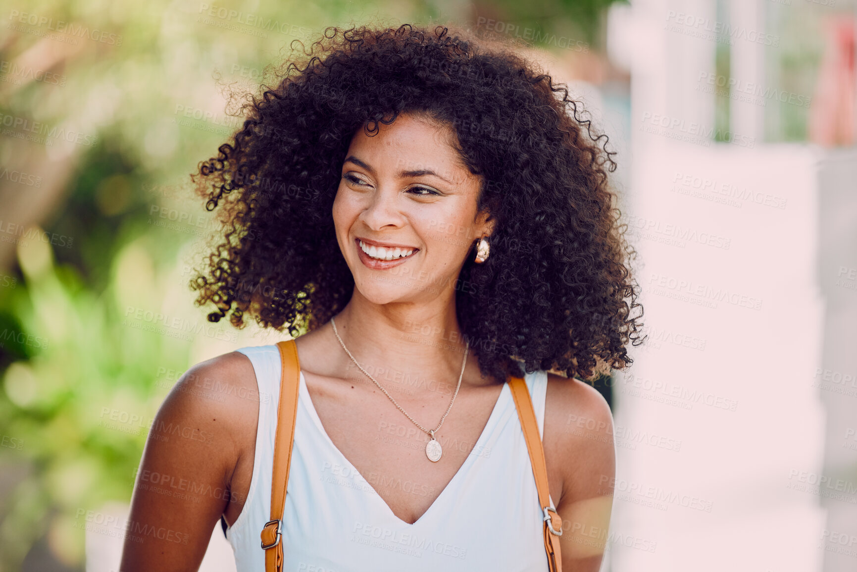Buy stock photo Woman, smile and happy with backpack for travel, holiday or walking in small town in Mexico. Female, bag and attractive happiness on face as tourist walk in city, afro or happiness and vacation 
