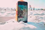 Phone, sand and friends taking a picture on the beach while on a summer vacation together. Travel, fun and women with freedom taking a selfie on smartphone while on seaside holiday adventure by ocean
