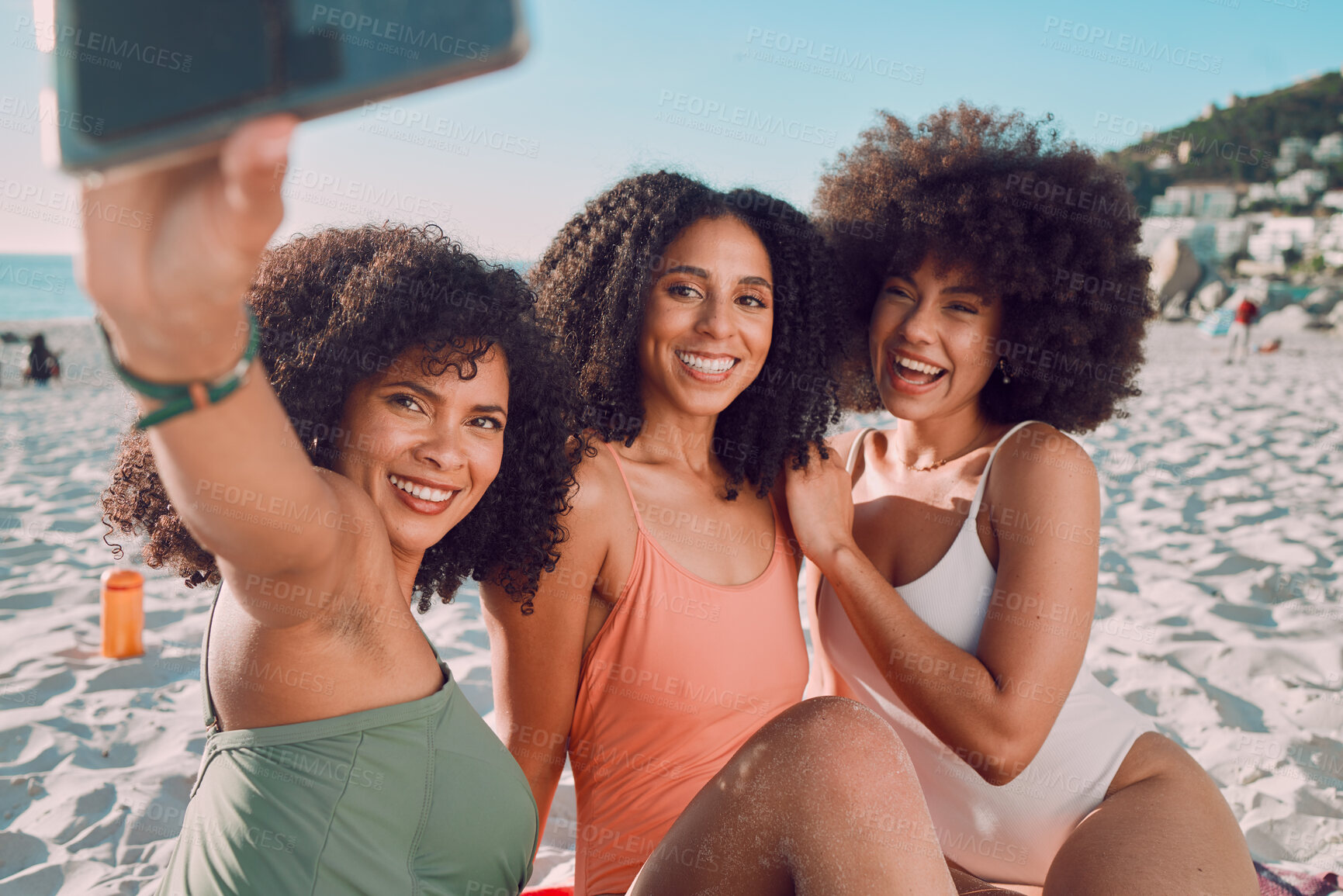 Buy stock photo Summer, beach and friends taking a selfie with phone enjoy holiday, vacation and weekend getaway. Travel, happiness and group of black women smile for picture on adventure, freedom and fun by ocean