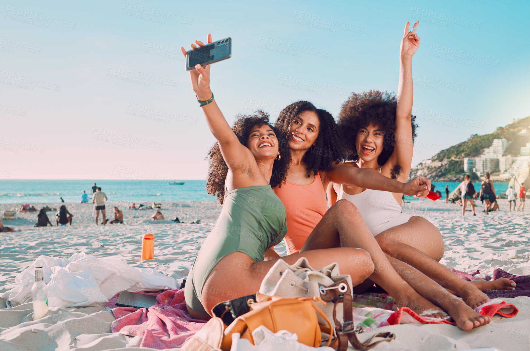 Buy stock photo Phone, selfie and women friends on the beach with freedom on a summer adventure on vacation in Mexico. Travel, happiness and girls taking a picture on seaside holiday or journey by the ocean together