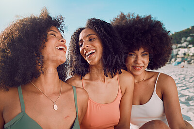 Buy stock photo Happy, friends or black woman with smile at the beach for freedom, vacation or holiday in Miami in summer. Travel, fun or group of girls bonding, laughing or comic picnic on sand portrait.
