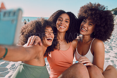 Buy stock photo Summer selfie, beach and black women friends enjoy holiday, vacation and weekend travel together. Happiness, ocean and group of people smiling, laughing and fun for social media picture at sea