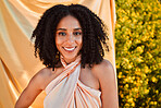 Black woman, face and portrait smile in fashion beauty and style with vision or career ambition in the outdoors. African American female model stylist or designer profile smiling in joyful happiness