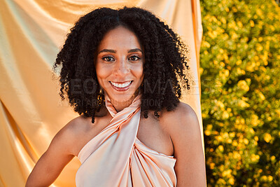 Buy stock photo Black woman, face and portrait smile in fashion beauty and style with stylish clothing outdoors in a garden. African American female, model stylist or designer smiling in fashionable joy with beauty