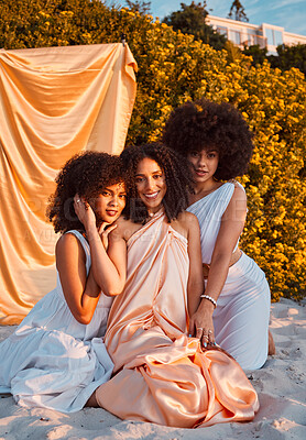 Buy stock photo Fashion, friends and beauty outdoor, portrait and natural hair, afro and elegant clothes, beach and summer holiday. Black women, model and happiness with happy smile, silk clothing and cool dress
