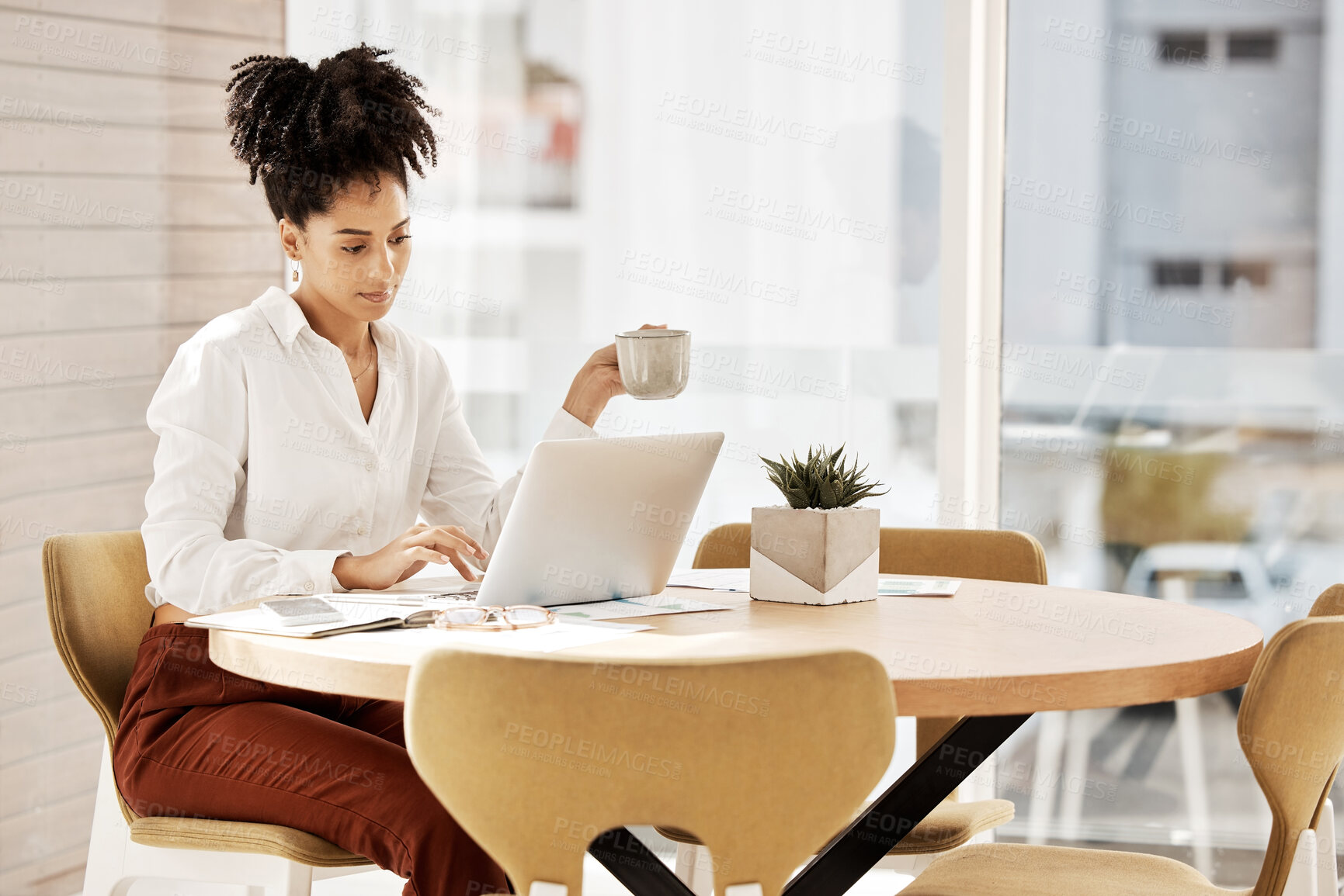 Buy stock photo Black woman, laptop and typing for business and coffee at desk in office for strategy planning. Female entrepreneur, African American girl and owner browse internet, reading online and in workplace. 