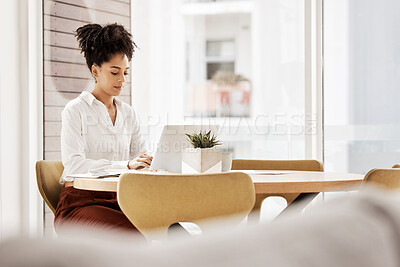 Buy stock photo Laptop, startup and black woman with marketing, copywriting or website update planning in a modern office. Creative, advertising agency and african corporate manager typing email communication ideas