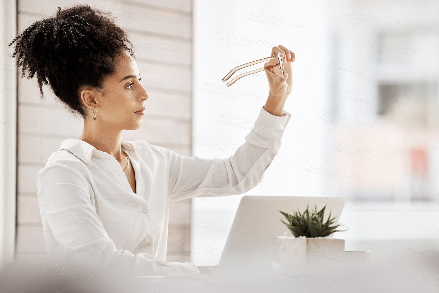 Buy stock photo Business, black woman and glasses for reading on laptop in a clean office with vision, focus and eye care. Female entrepreneur at desk with fashion eyeglasses while thinking of innovation strategy