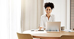 Black woman, smile and desk for business, laptop and startup company planning, research and browse internet. Female entrepreneur, African American girl and online for marketing, strategy and portrait