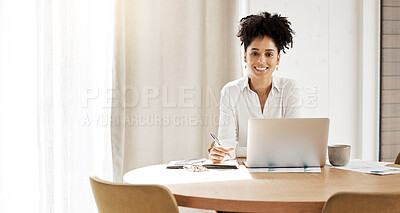 Buy stock photo Portrait, black woman and desk for business, laptop and startup company planning on internet research. Female entrepreneur, African American girl online for marketing, strategy and smile with mockup