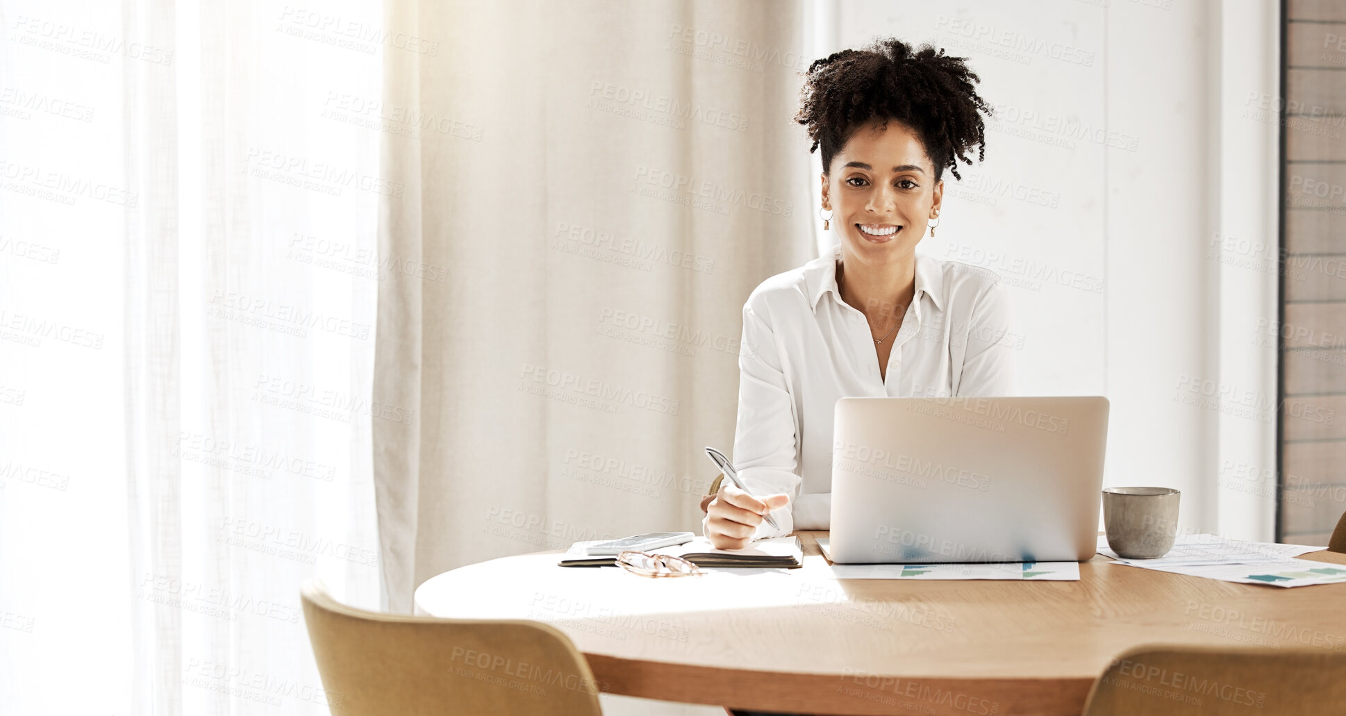 Buy stock photo Portrait, black woman and desk for business, laptop and startup company planning on internet research. Female entrepreneur, African American girl online for marketing, strategy and smile with mockup