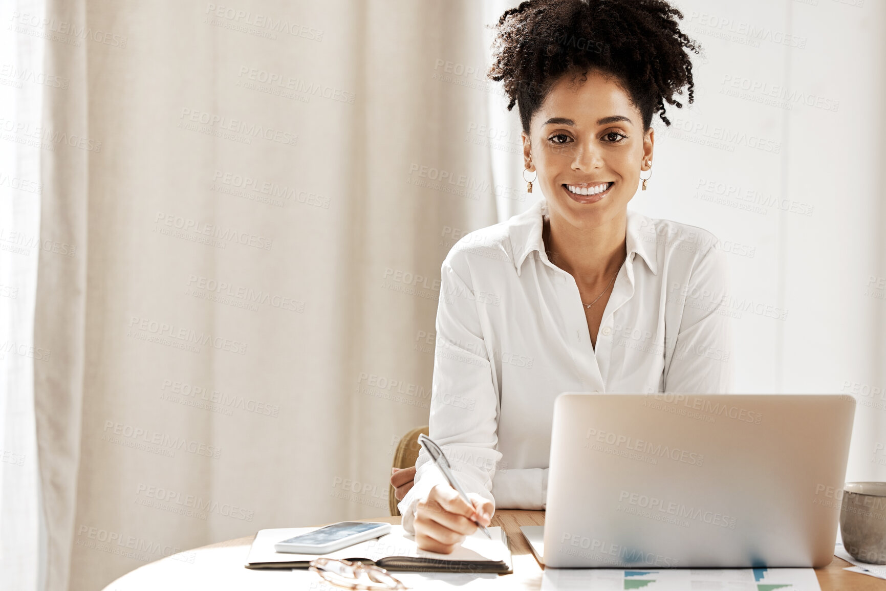 Buy stock photo Notebook, laptop and portrait of business woman in office for mockup for management, planning and schedule. Vision, writing and smile with black woman employee for leadership, receptionist and agenda