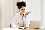 Black woman, phone call and talking with laptop, for conversation and planning. Female entrepreneur, African American girl and business owner speaking on smartphone and write strategy in notebook.