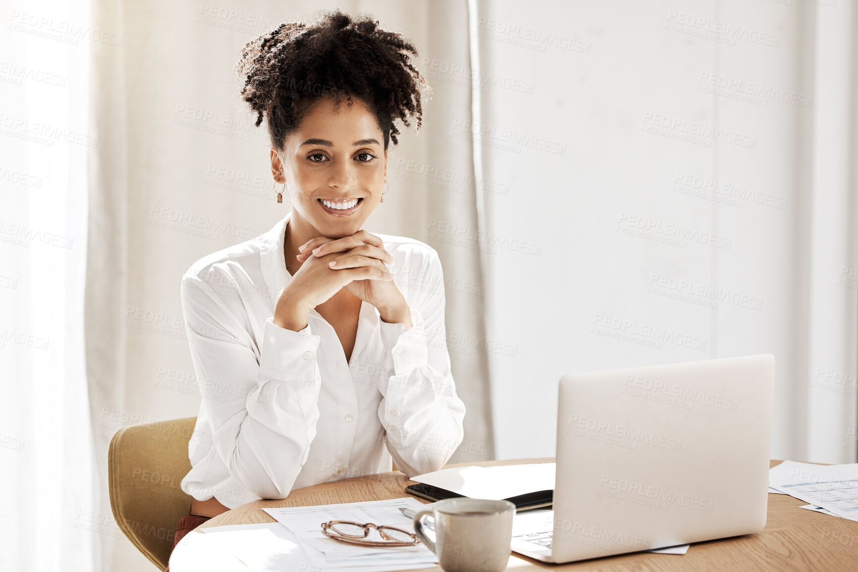 Buy stock photo Portrait, laptop and black woman with smile, for startup company and happiness at desk in office. African American girl, female entrepreneur and browse internet for online reading, happy or confident