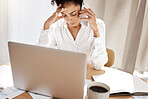 Phone call, stress and black woman frustrated, laptop and reporting theft with bills at desk with laptop. African American female, lady or cellphone for connection, irregular payment query and debt.