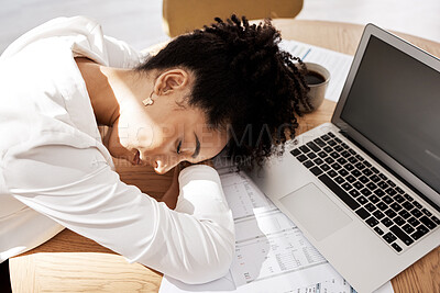 Buy stock photo Black woman, laptop and burnout for startup company, sleeping and overworked at desk. Female entrepreneur, African American girl or business pressure, tired or depressed for work, frustrated or sleep