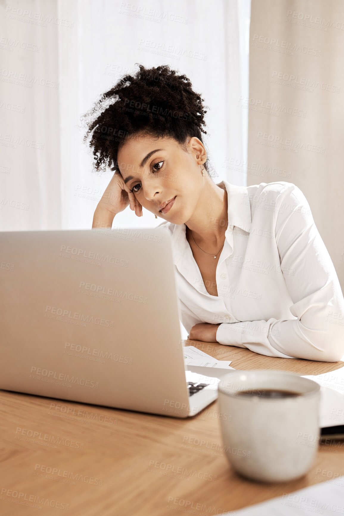 Buy stock photo Business woman, depression and laptop with anxiety, mental health and stress for online report in home office. Black woman, frustrated, bored or burnout of work, personal life or bad news on email