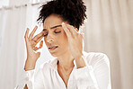 Headache, stress and black woman in home with pain feeling exhausted, burnout and anxiety. Depression, mental health problems and stressed female holding head from discomfort, migraine and frustrated