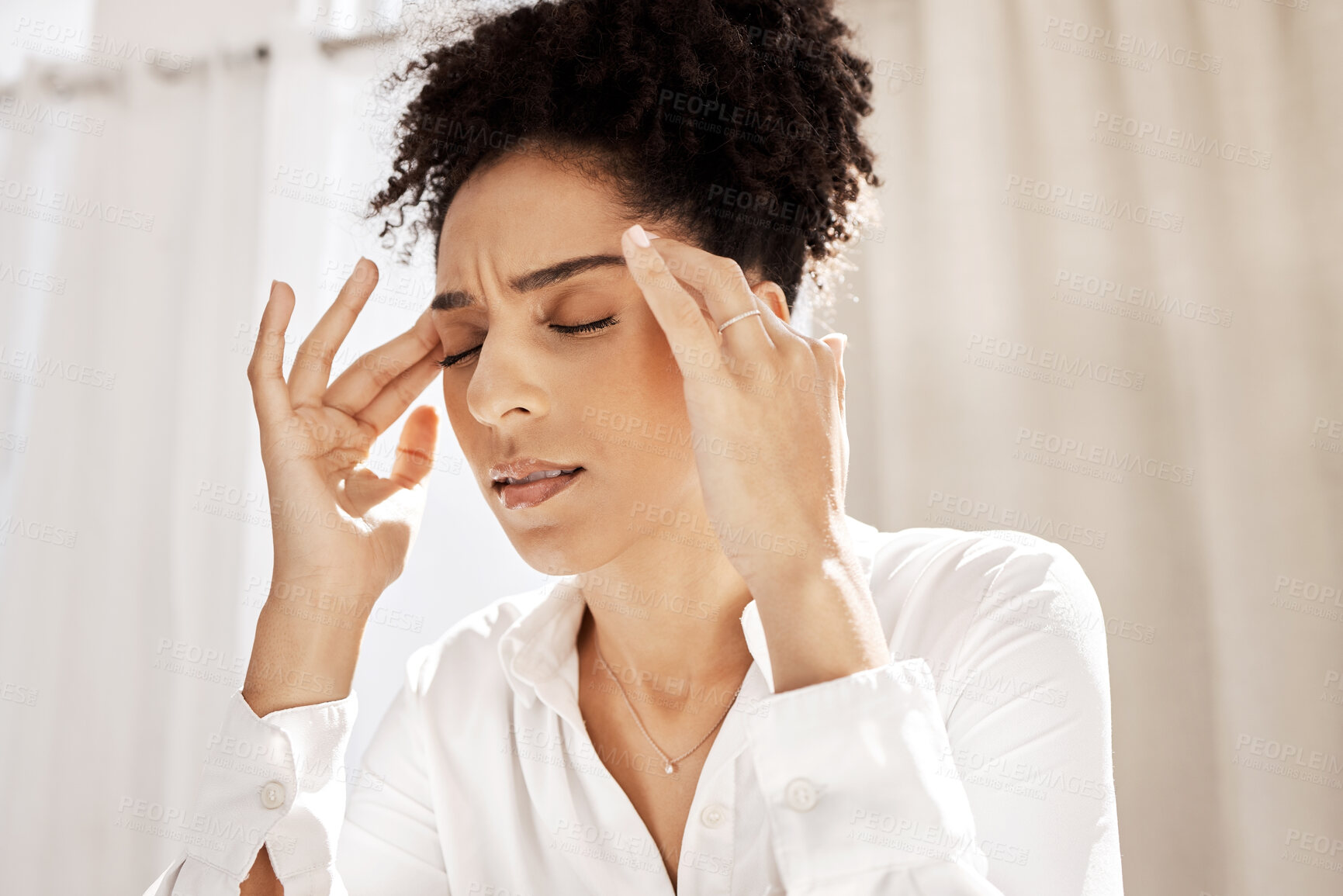 Buy stock photo Headache, stress and black woman in home with pain feeling exhausted, burnout and anxiety. Depression, mental health problems and stressed female holding head from discomfort, migraine and frustrated