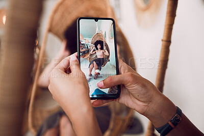 Buy stock photo Hands, phone and fashion with a designer taking a photograph of a model black woman in a swing chair.  Smartphone, photography and style with an edgy female on screen or display of a design employee
