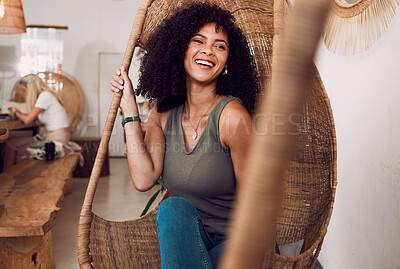 Buy stock photo Black woman, happy smile and sitting in chair, coffee shop and freedom, afro and relax with positive mindset. Gen z girl, cafe and happiness, weekend and carefree while relaxing, laugh and joy