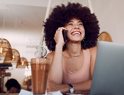 Buy stock photo Phone call, laptop and freelance woman in cafe with smile while talking and doing internet research for article. Freelancer, writer or journalist on phone interview for online project in coffee shop.