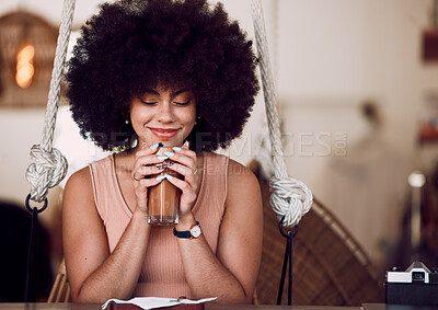 Buy stock photo Black woman, coffee and relax at cafe with smell of drink or tea for self care, mental health or calm break. Happy african woman, latte or iced coffee with smile, peace or happiness in coffee shop