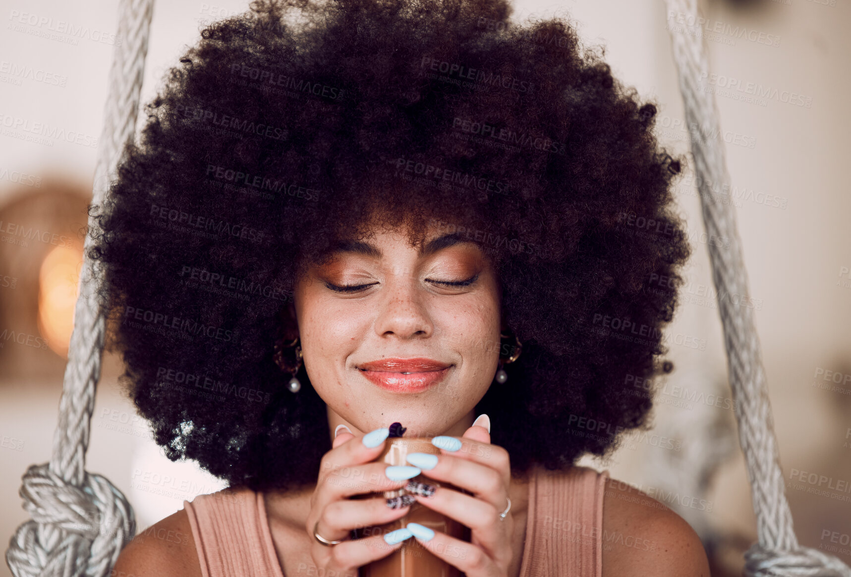 Buy stock photo Black woman, coffee or tea at a cafe to relax, calm and peace with natural afro hair in brazil while thinking and smelling aroma. Female drinking cup for morning motivation, inspiration and happiness