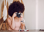 Black woman, camera and drink for social media, online post and blogger. African American female, young girl or influencer take picture, for posting on internet or milkshake for creative photographer