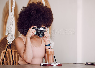 Buy stock photo Black woman, camera and drink for social media, online post and blogger. African American female, young girl or influencer take picture, for posting on internet or milkshake for creative photographer