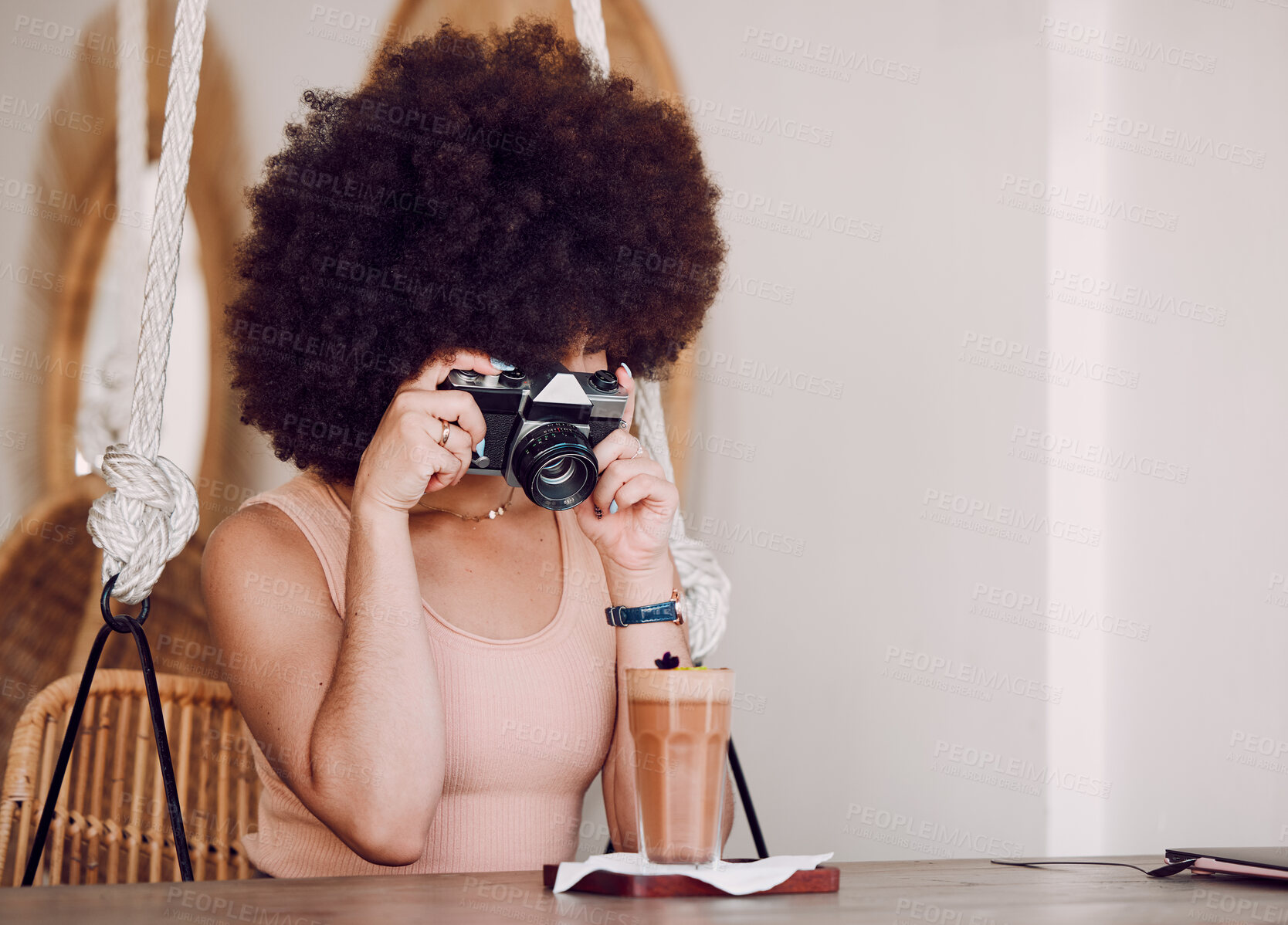 Buy stock photo Black woman, camera and drink for social media, online post and blogger. African American female, young girl or influencer take picture, for posting on internet or milkshake for creative photographer