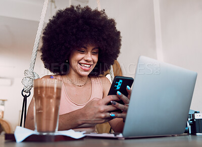Buy stock photo Black woman, phone and smile for good news, social media or reading email in remote work at home. African American female smiling and enjoying communication texting with technology in networking