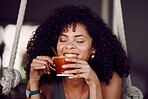 Happy black woman, drinking coffee and relax in cafe, restaurant and peace, freedom and easy lifestyle. Female happy customer enjoying cup of tea, cappuccino and warm beverage in coffee shop alone 