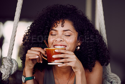 Buy stock photo Happy black woman, drinking coffee and relax in cafe, restaurant and peace, freedom and easy lifestyle. Female happy customer enjoying cup of tea, cappuccino and warm beverage in coffee shop alone 