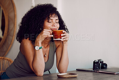 Buy stock photo Black woman, smelling or coffee cup in restaurant, cafe or coffee shop for organic chai, matcha or local retail caffeine. Smile, happy or relax bistro customer, student or entrepreneur or morning tea