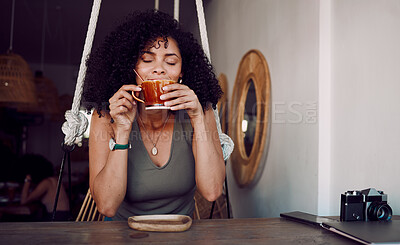 Buy stock photo Black woman, coffee or tea to relax at a cafe for thinking, motivation and morning inspiration at a table of restaurant. Female customer smelling aroma of brazil roast or caffeine at coffee shop