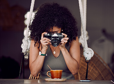 Buy stock photo Woman influencer, camera photography and coffee shop, cappuccino and blog post, website and content marketing a product. Female, picture and food for social media, photographer and content creator