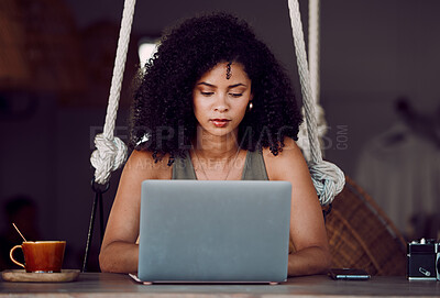 Buy stock photo Laptop, freelance photographer woman in cafe and writing article, internet research or checking social media. Freelancer photo journalist reading or typing email for creative project in coffee shop.