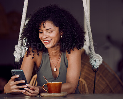 Buy stock photo Black woman, phone and coffee in cafe, restaurant or coffee shop on social media, internet news or fun esports game. Happy smile, relax afro student and entrepreneur with tea cup or mobile technology