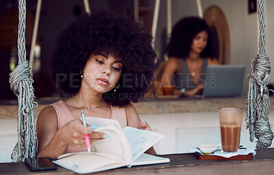 Buy stock photo Books, writing and black woman relax at cafe, reading journal and working. Freelancer, remote worker and young female in coffee shop with cappuccino or espresso and notebook for journalism ideas.