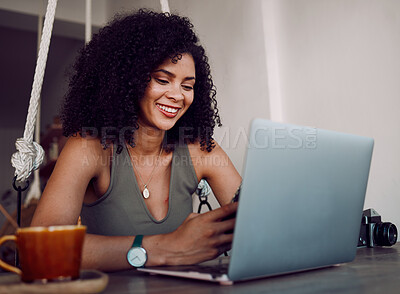 Buy stock photo Phone, freelance photographer black woman in cafe and laptop typing on smartphone checking social media. Freelancer at remote work, reading good news email for creative project in coffee shop.