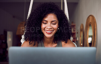 Buy stock photo Coffee shop, working and face of black woman with laptop smiling, happy and excited to start project. Entrepreneur, freelancer and businesswoman typing, writing and reading work on computer in cafe