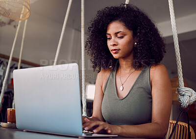 Buy stock photo Laptop, study and student or black woman with eco friendly research, website information and online typing for online course. sustainability chair, desk and college girl on pc for internet blog post