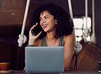 Black woman, phone call and laughing by laptop in communication, conversation or business discussion at cafe. Happy African American female freelance designer smiling for social networking technology