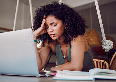 Buy stock photo Stress, student and black woman with laptop in cafe frustrated from studying, working and project. University, burnout and stressed girl in coffee shop tired from learning on computer and books