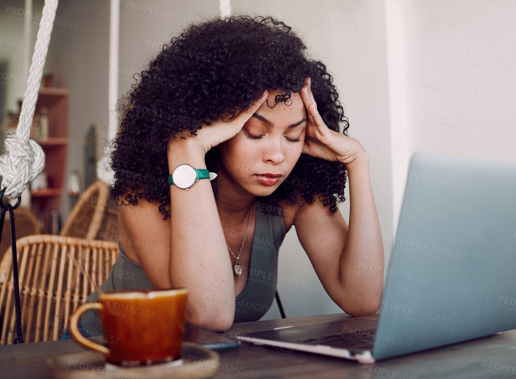 Buy stock photo Black woman, laptop and headache from stress, anxiety or overworked in remote business at home. African American female holding head and suffering from burnout, mental health issues or bad difficulty